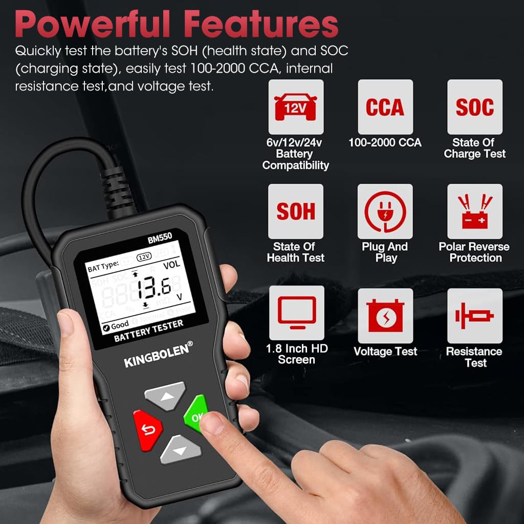 STHIRA Vehicle Battery Tester with LCD Display BM550 Car Battery Tester for 6V 12V 24V Vehicle Voltage Tester Internal Resistance Tester Digital Battery Analyzer for Car Motorcycles Lawn Mower STHIRA Vehicle Battery Tester with LCD Display BM550 Car Battery Tester for 6V 12V 24V Vehicle Voltage Tester Internal Resistance Tester Digital Battery Analyzer for Car Motorcycles Lawn Mower